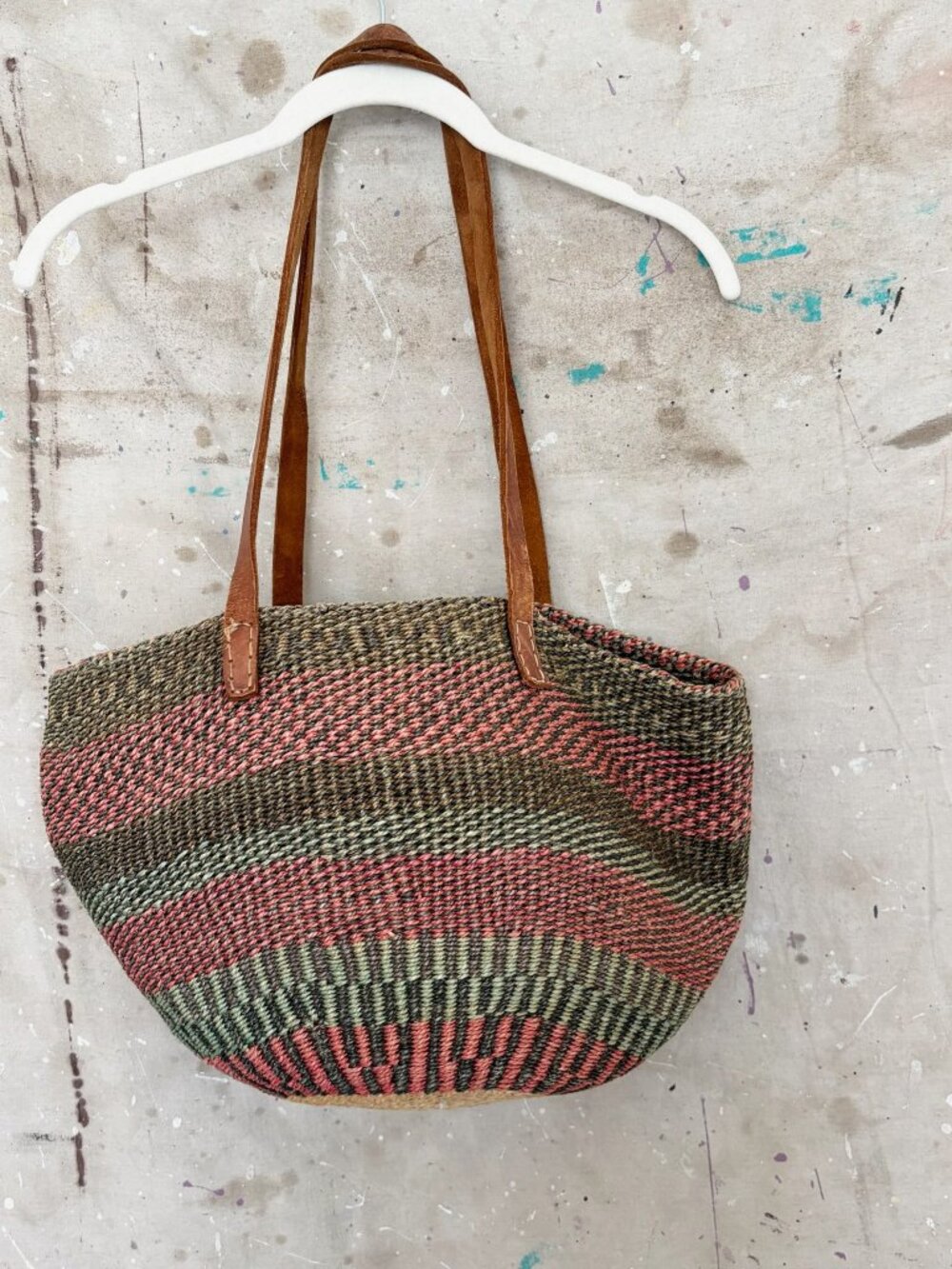 Sisal Market Jute Leather Shoulder Bag Tote Bag Vintage - Picture 5 of 8